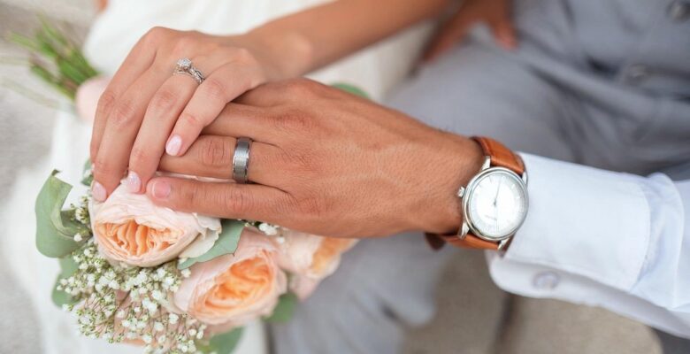 Hands of the bride and groom with rings