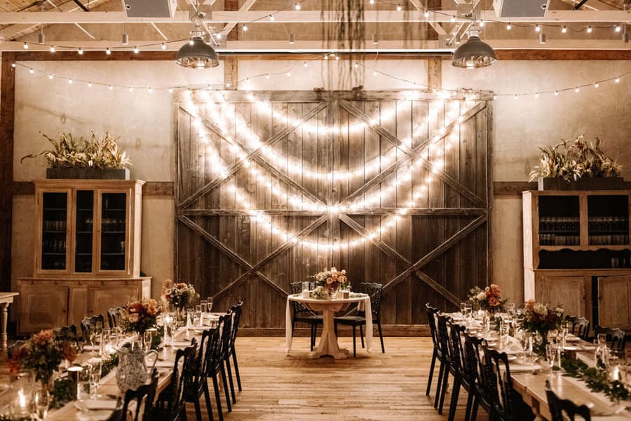 A decorated barn for the wedding reception