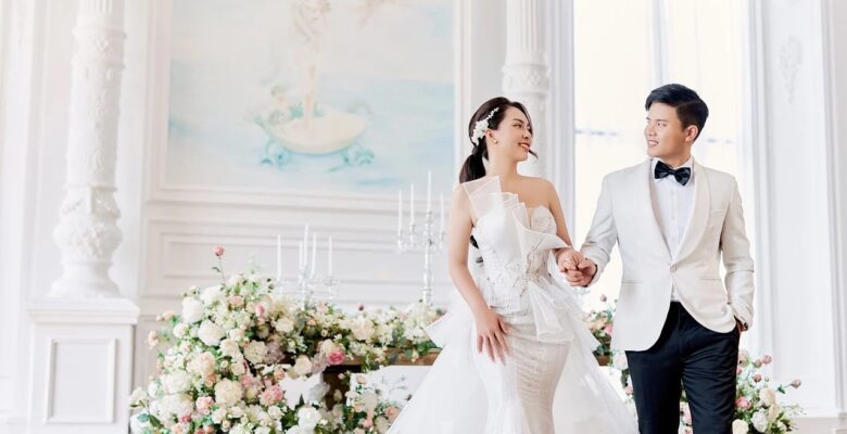 Bride and groom in the wedding hall