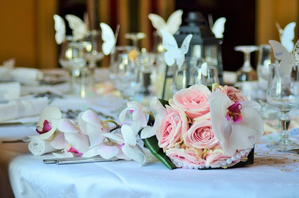 Decorated tables at a wedding banquet