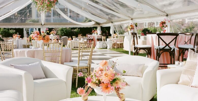 The hall is decorated for the wedding reception