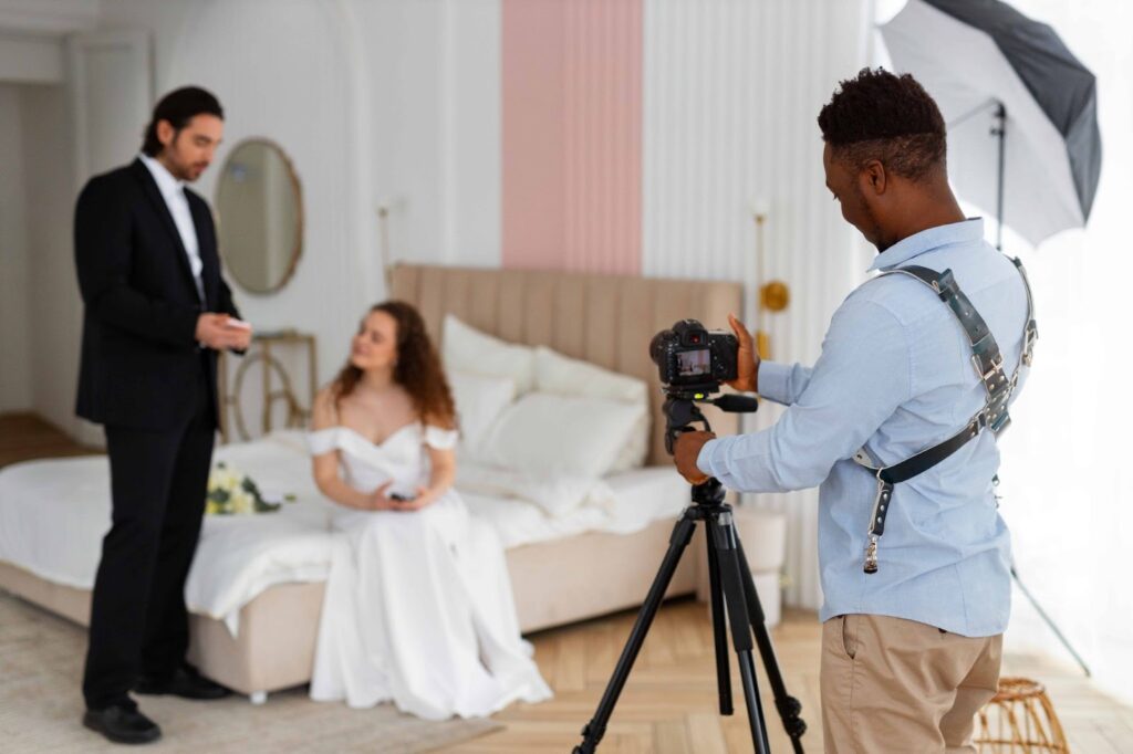 Side view of photographer taking pictures of married couple