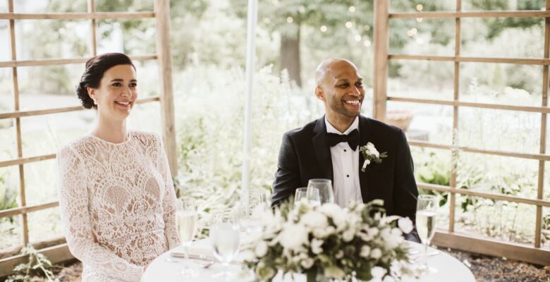 The bride and groom at the wedding table